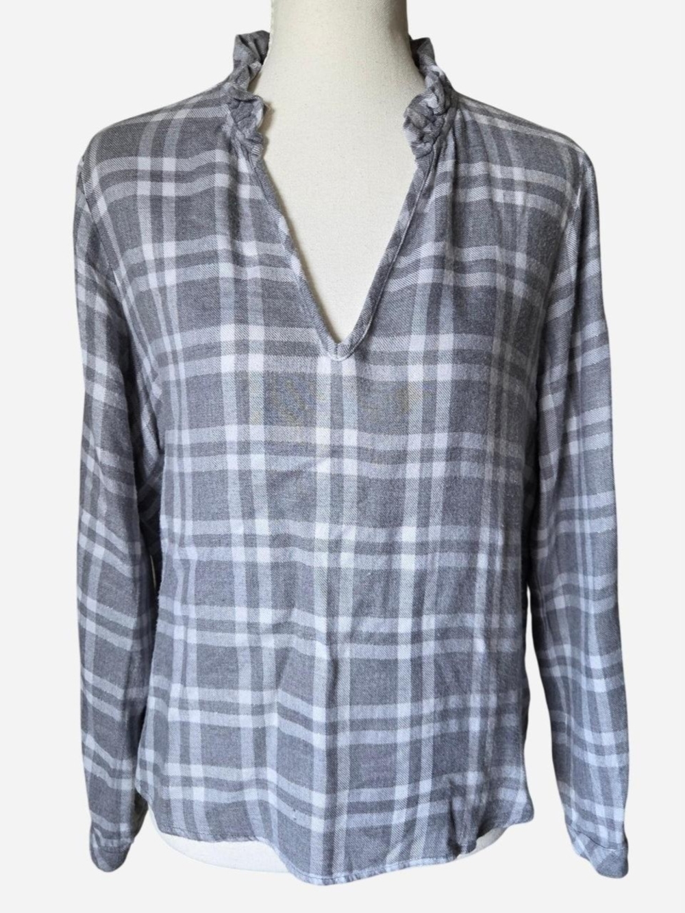 Cloth and Stone plaid ruffle neck long sleeve shirt soft relaxed fit shimmer PS